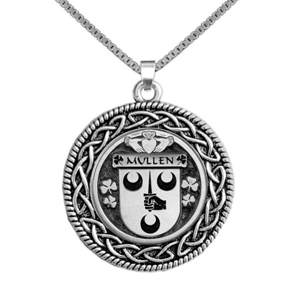 Image 1 of Mullen Irish Coat Of Arms Interlace Round Silver Family Crest Pendant