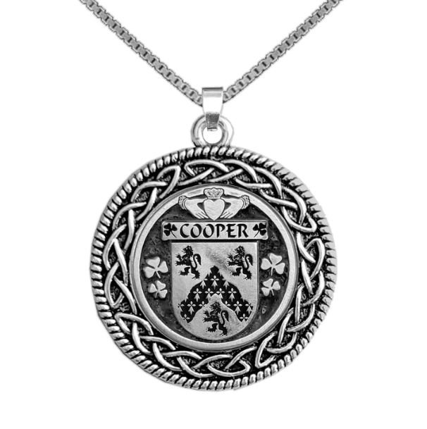 Image 1 of Cooper Irish Coat Of Arms Interlace Round Pewter Family Crest Pendant