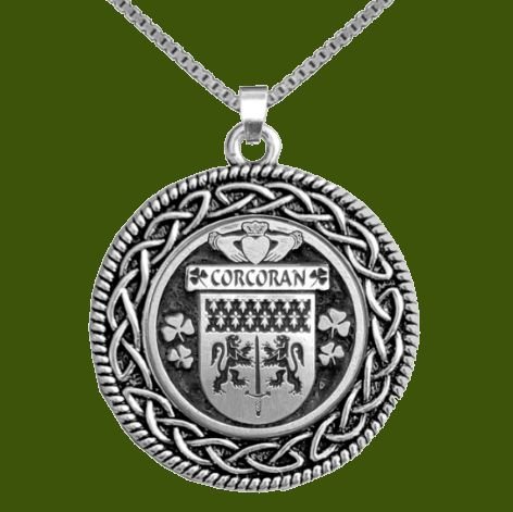 Image 0 of Corcoran Irish Coat Of Arms Interlace Round Pewter Family Crest Pendant