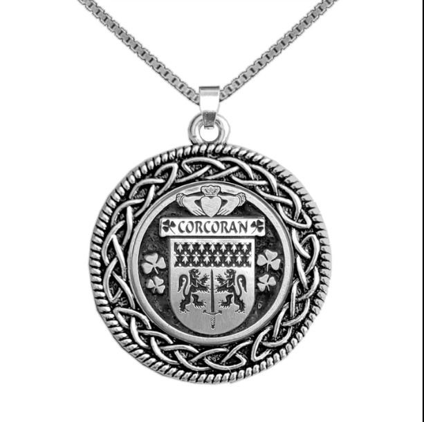 Image 1 of Corcoran Irish Coat Of Arms Interlace Round Pewter Family Crest Pendant