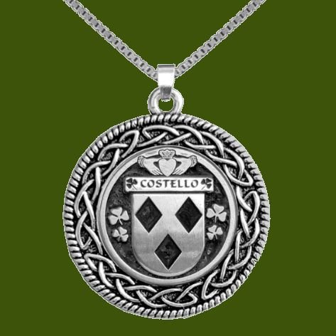 Image 0 of Costello Irish Coat Of Arms Interlace Round Pewter Family Crest Pendant