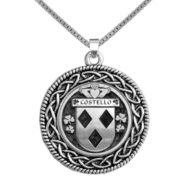 Image 1 of Costello Irish Coat Of Arms Interlace Round Pewter Family Crest Pendant