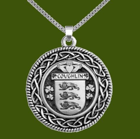 Image 0 of Coughlin Irish Coat Of Arms Interlace Round Pewter Family Crest Pendant