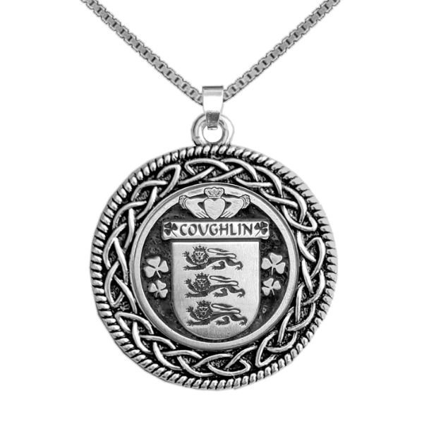 Image 1 of Coughlin Irish Coat Of Arms Interlace Round Pewter Family Crest Pendant
