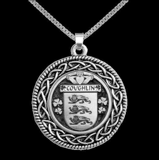 Image 0 of Coughlin Irish Coat Of Arms Interlace Round Silver Family Crest Pendant