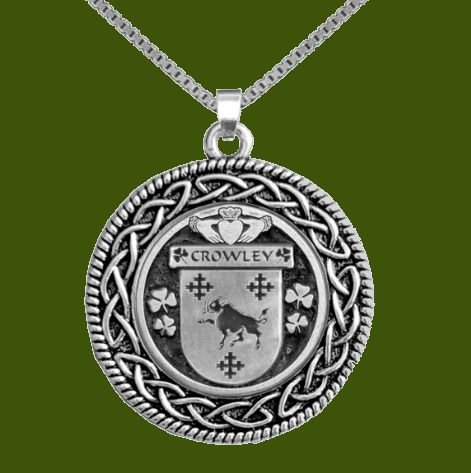 Image 0 of Crowley Irish Coat Of Arms Interlace Round Pewter Family Crest Pendant