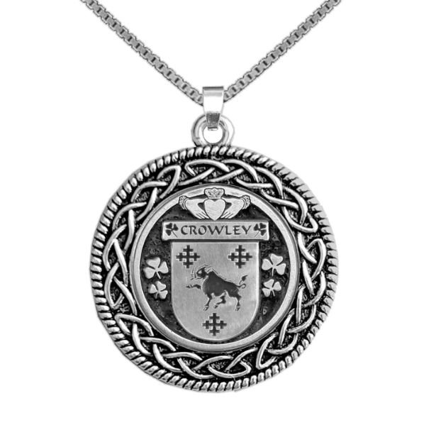 Image 1 of Crowley Irish Coat Of Arms Interlace Round Pewter Family Crest Pendant
