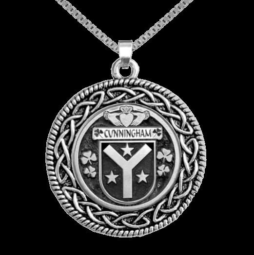 Image 0 of Cunningham Irish Coat Of Arms Interlace Round Silver Family Crest Pendant