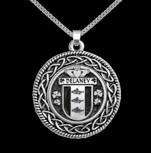Image 0 of Delaney Irish Coat Of Arms Interlace Round Silver Family Crest Pendant