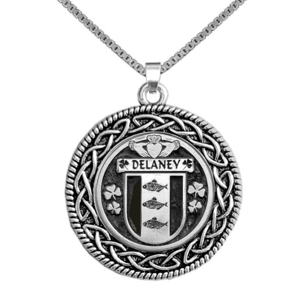 Image 1 of Delaney Irish Coat Of Arms Interlace Round Silver Family Crest Pendant