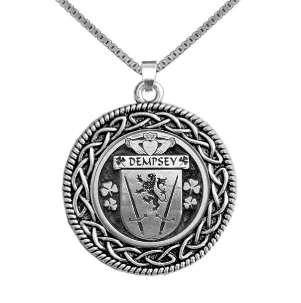 Image 1 of Dempsey Irish Coat Of Arms Interlace Round Pewter Family Crest Pendant