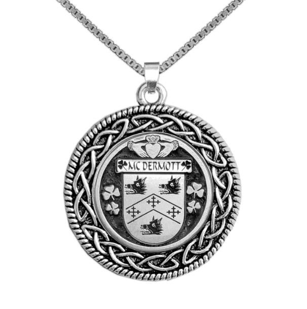 Image 1 of McDermott Irish Coat Of Arms Interlace Round Pewter Family Crest Pendant