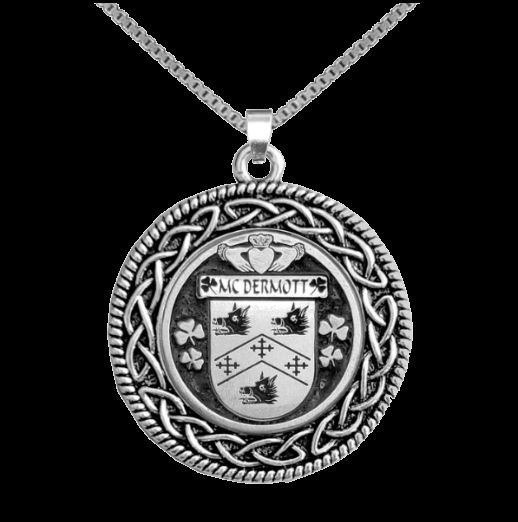Image 0 of McDermott Irish Coat Of Arms Interlace Round Silver Family Crest Pendant