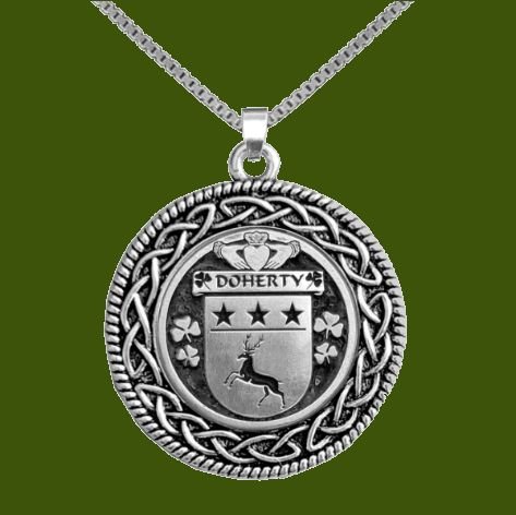 Image 0 of Doherty Irish Coat Of Arms Interlace Round Pewter Family Crest Pendant