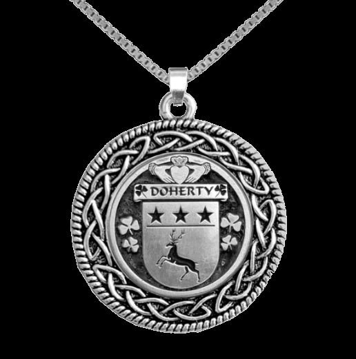Image 0 of Doherty Irish Coat Of Arms Interlace Round Silver Family Crest Pendant