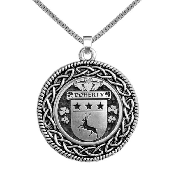 Image 1 of Doherty Irish Coat Of Arms Interlace Round Silver Family Crest Pendant