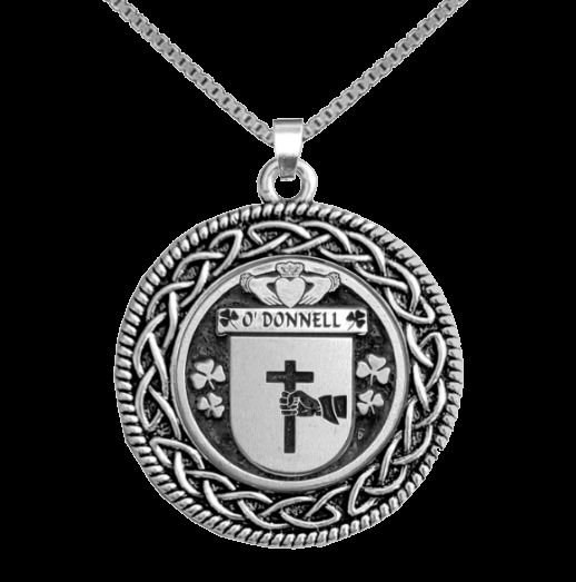 Image 0 of ODonnell Irish Coat Of Arms Interlace Round Silver Family Crest Pendant