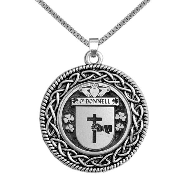 Image 1 of ODonnell Irish Coat Of Arms Interlace Round Silver Family Crest Pendant
