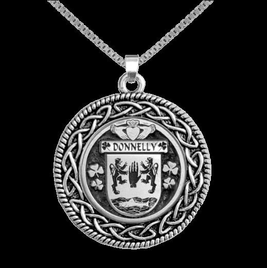 Image 0 of Donnelly Irish Coat Of Arms Interlace Round Silver Family Crest Pendant
