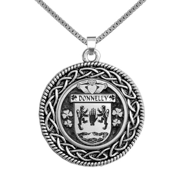Image 1 of Donnelly Irish Coat Of Arms Interlace Round Silver Family Crest Pendant