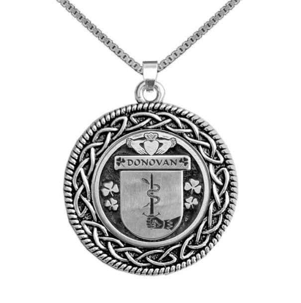 Image 1 of Donovan Irish Coat Of Arms Interlace Round Pewter Family Crest Pendant