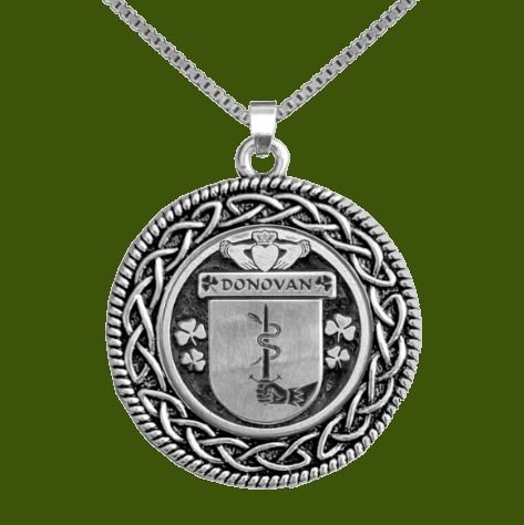 Image 0 of Donovan Irish Coat Of Arms Interlace Round Pewter Family Crest Pendant