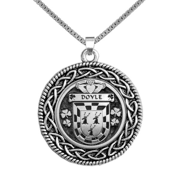 Image 1 of Doyle Irish Coat Of Arms Interlace Round Pewter Family Crest Pendant