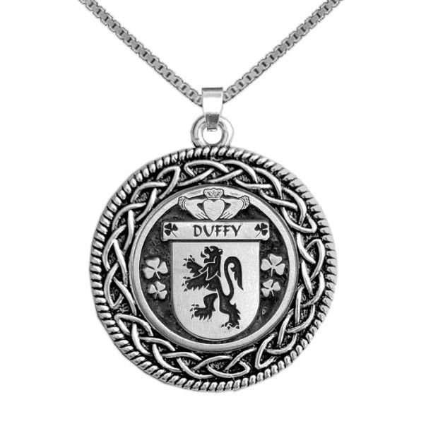 Image 1 of Duffy Irish Coat Of Arms Interlace Round Silver Family Crest Pendant