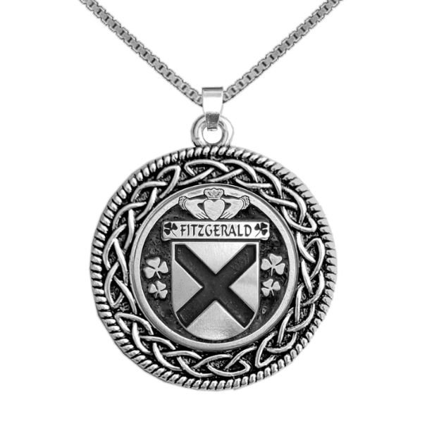 Image 1 of Fitzgerald Irish Coat Of Arms Interlace Round Pewter Family Crest Pendant