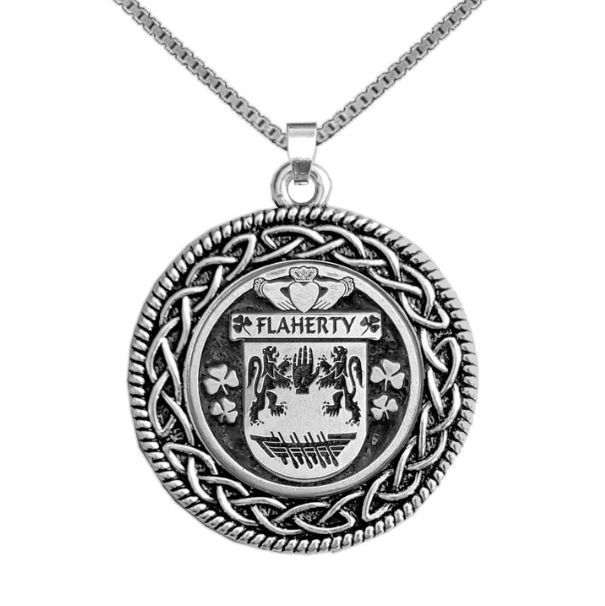 Image 1 of Flaherty Irish Coat Of Arms Interlace Round Silver Family Crest Pendant