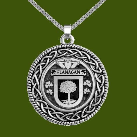 Image 0 of Flanagan Irish Coat Of Arms Interlace Round Pewter Family Crest Pendant