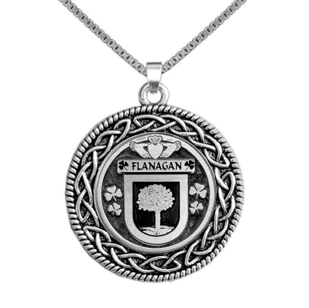 Image 1 of Flanagan Irish Coat Of Arms Interlace Round Pewter Family Crest Pendant