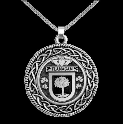 Image 0 of Flanagan Irish Coat Of Arms Interlace Round Silver Family Crest Pendant