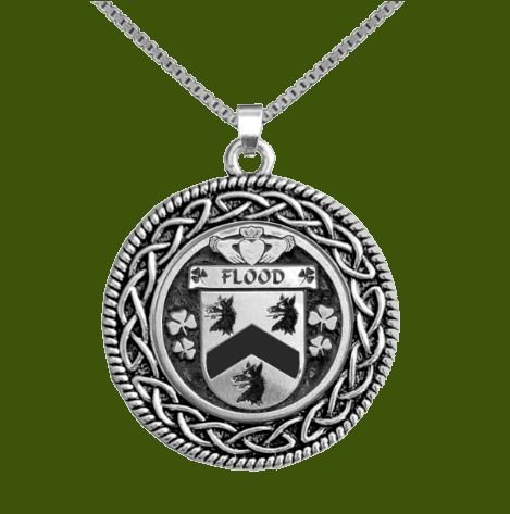 Image 0 of Flood Irish Coat Of Arms Interlace Round Pewter Family Crest Pendant