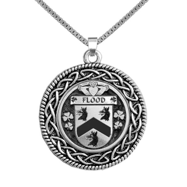 Image 1 of Flood Irish Coat Of Arms Interlace Round Pewter Family Crest Pendant