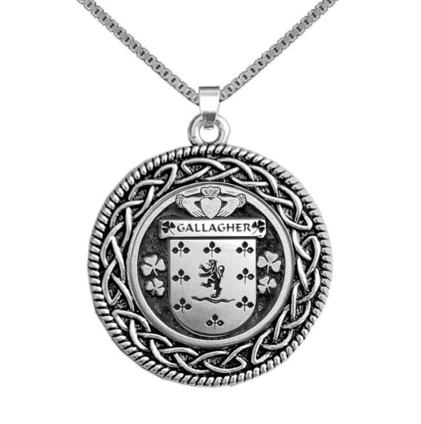 Image 1 of Gallagher Irish Coat Of Arms Interlace Round Pewter Family Crest Pendant