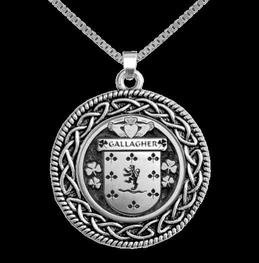 Image 0 of Gallagher Irish Coat Of Arms Interlace Round Silver Family Crest Pendant