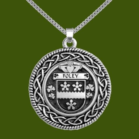 Image 0 of Foley Irish Coat Of Arms Interlace Round Pewter Family Crest Pendant