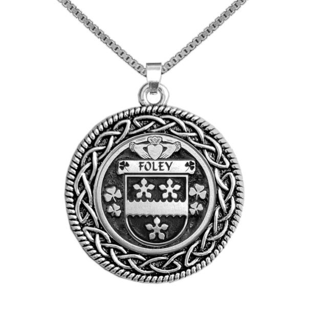 Image 1 of Foley Irish Coat Of Arms Interlace Round Pewter Family Crest Pendant