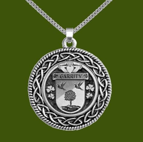 Image 0 of Garrity Irish Coat Of Arms Interlace Round Pewter Family Crest Pendant