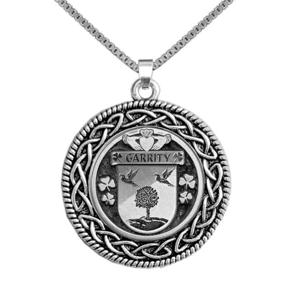 Image 1 of Garrity Irish Coat Of Arms Interlace Round Pewter Family Crest Pendant