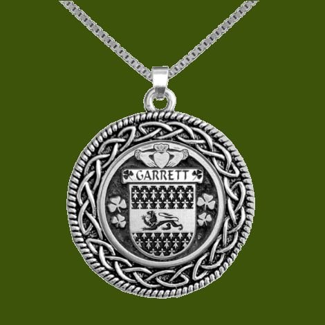 Image 0 of Garrett Irish Coat Of Arms Interlace Round Pewter Family Crest Pendant