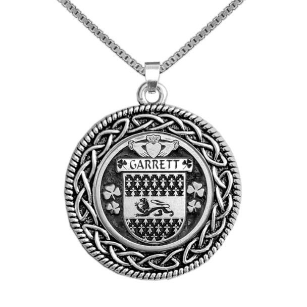 Image 1 of Garrett Irish Coat Of Arms Interlace Round Pewter Family Crest Pendant