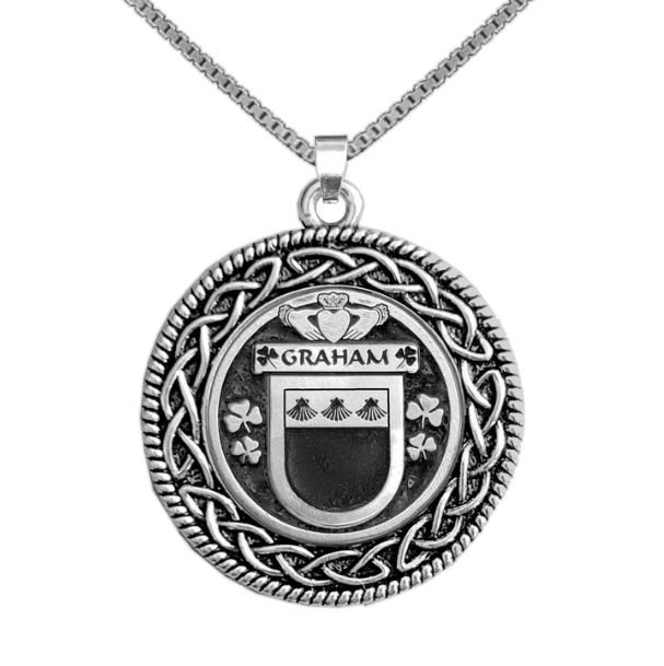 Image 1 of Graham Irish Coat Of Arms Interlace Round Pewter Family Crest Pendant