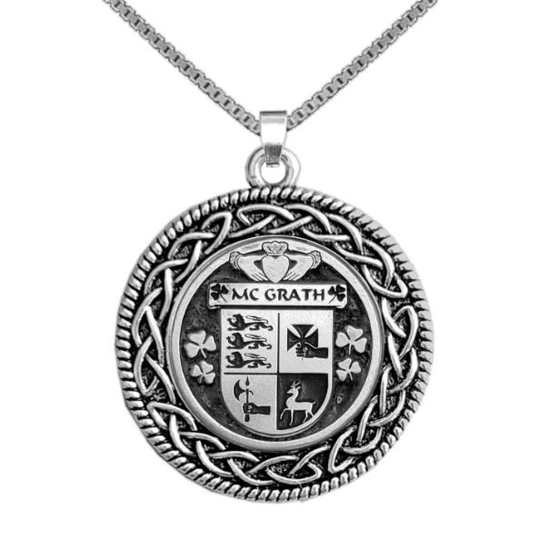 Image 1 of McGrath Irish Coat Of Arms Interlace Round Pewter Family Crest Pendant