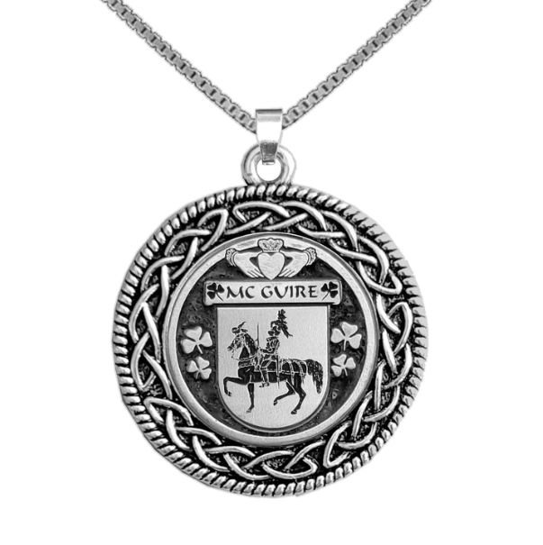 Image 1 of McGuire Irish Coat Of Arms Interlace Round Pewter Family Crest Pendant
