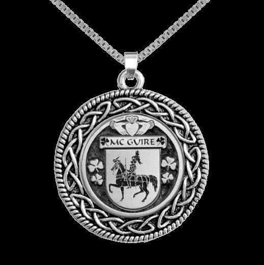 Image 0 of McGuire Irish Coat Of Arms Interlace Round Silver Family Crest Pendant