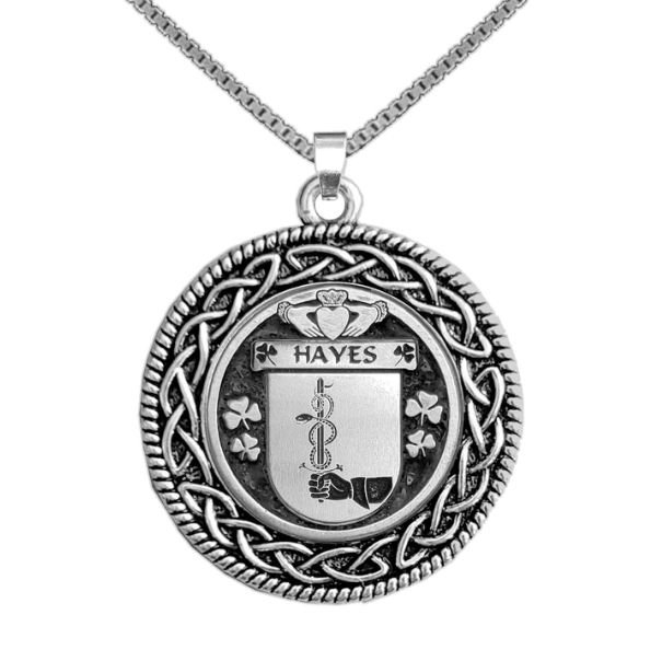Image 1 of Hayes Irish Coat Of Arms Interlace Round Pewter Family Crest Pendant