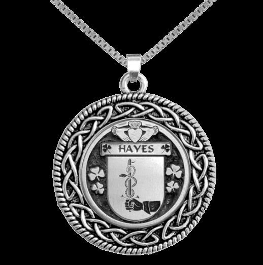 Image 0 of Hayes Irish Coat Of Arms Interlace Round Silver Family Crest Pendant