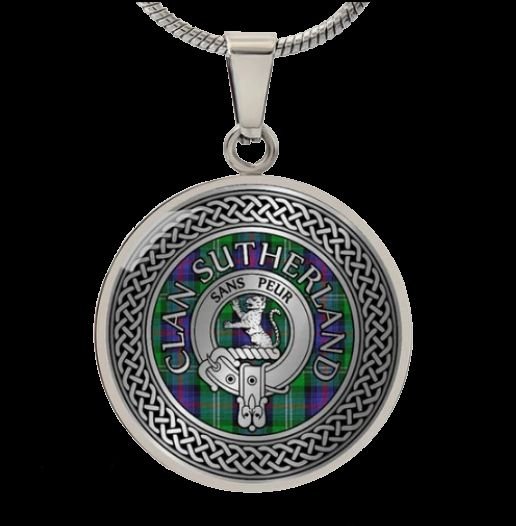 Image 0 of Sutherland Clan Crest Celtic Knotwork Round Clan Badge Steel Pendant